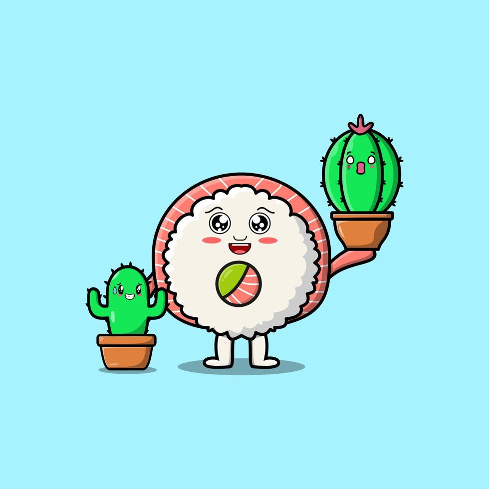 cartoon Rice sushi rolls sashimi cactus in pot vector