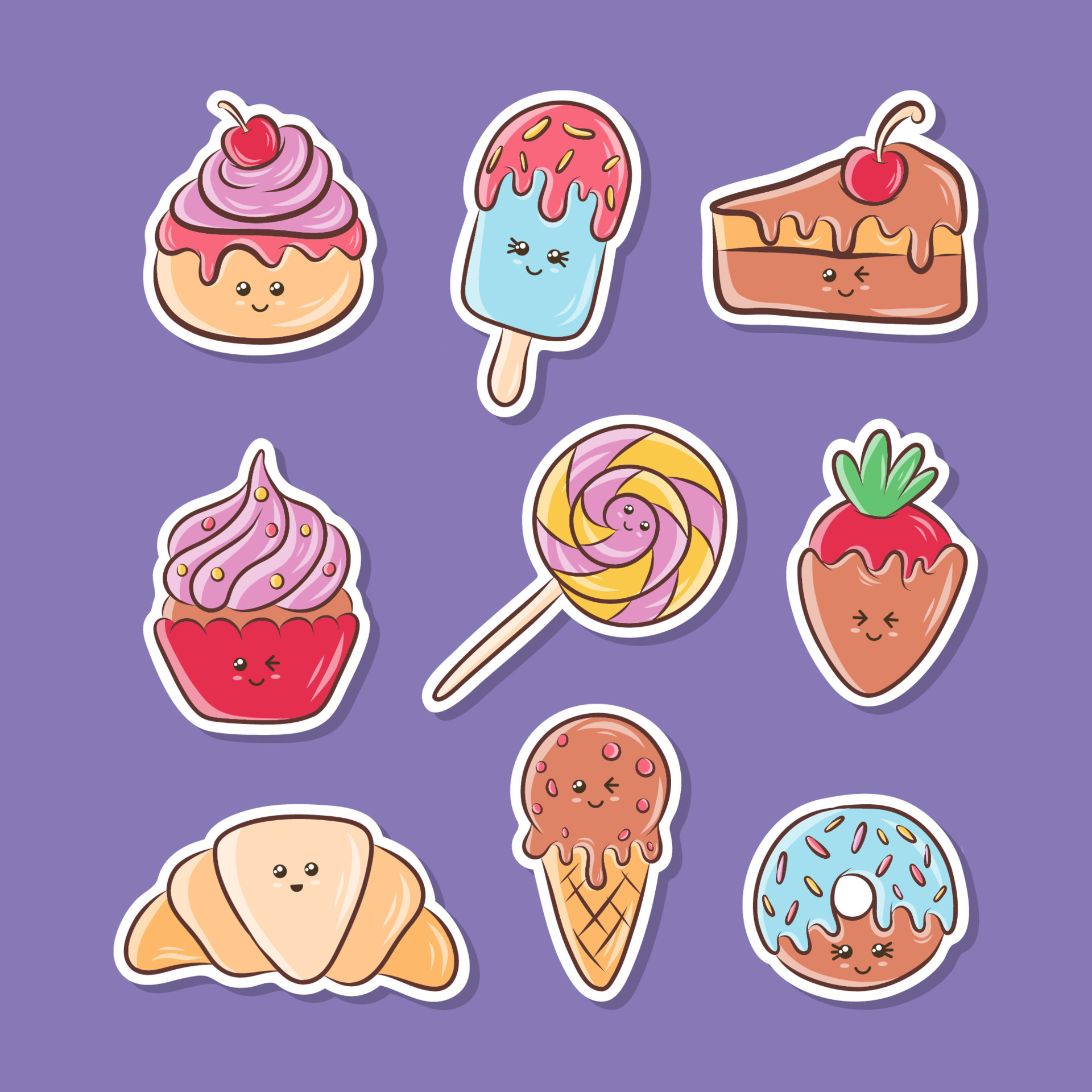 Kawaii Food Cute Character Sticker Collection 12318412 Vector Art ...