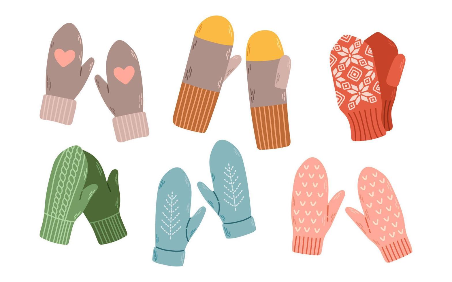 Set of knitted bright woolen mittens winter vector illustration