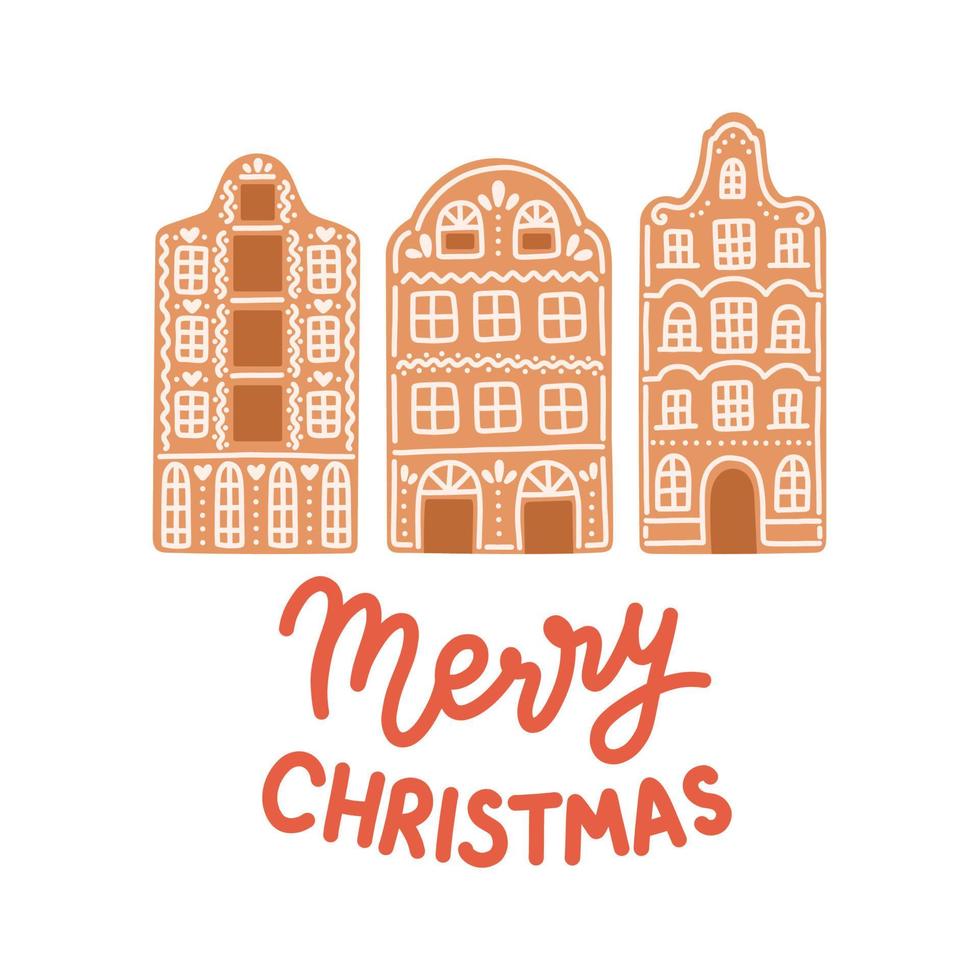 Merry Christmas gingerbread house lettering flat isolated vector illustration