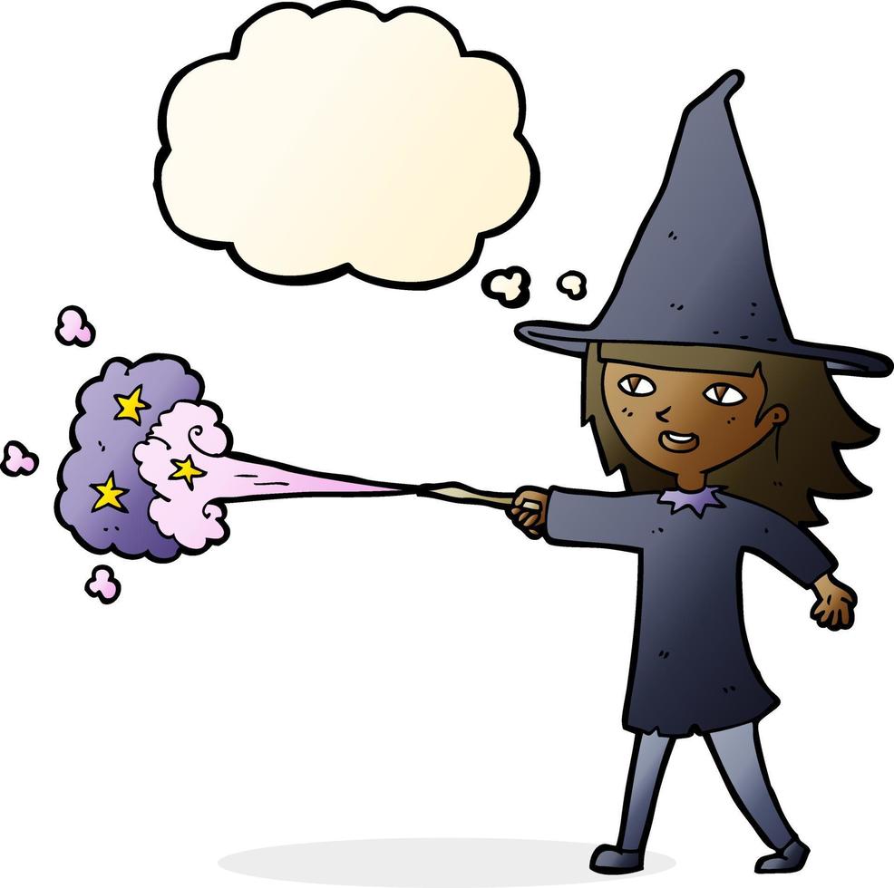 cartoon witch girl casting spell with thought bubble vector