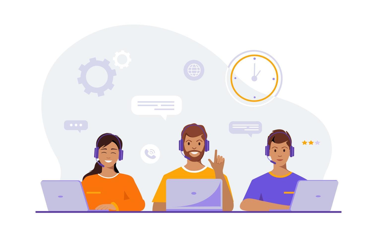 Support team. Call center support. Call center operators, customer service team. Customer service and communication. Concept of customer service and communication. vector