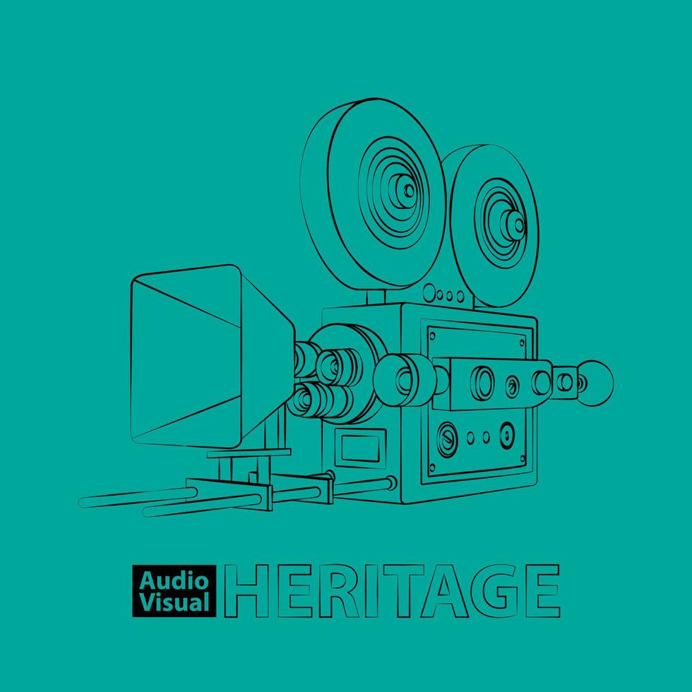 Vintage camera with film roll in line art design for audio visual heritage day design vector