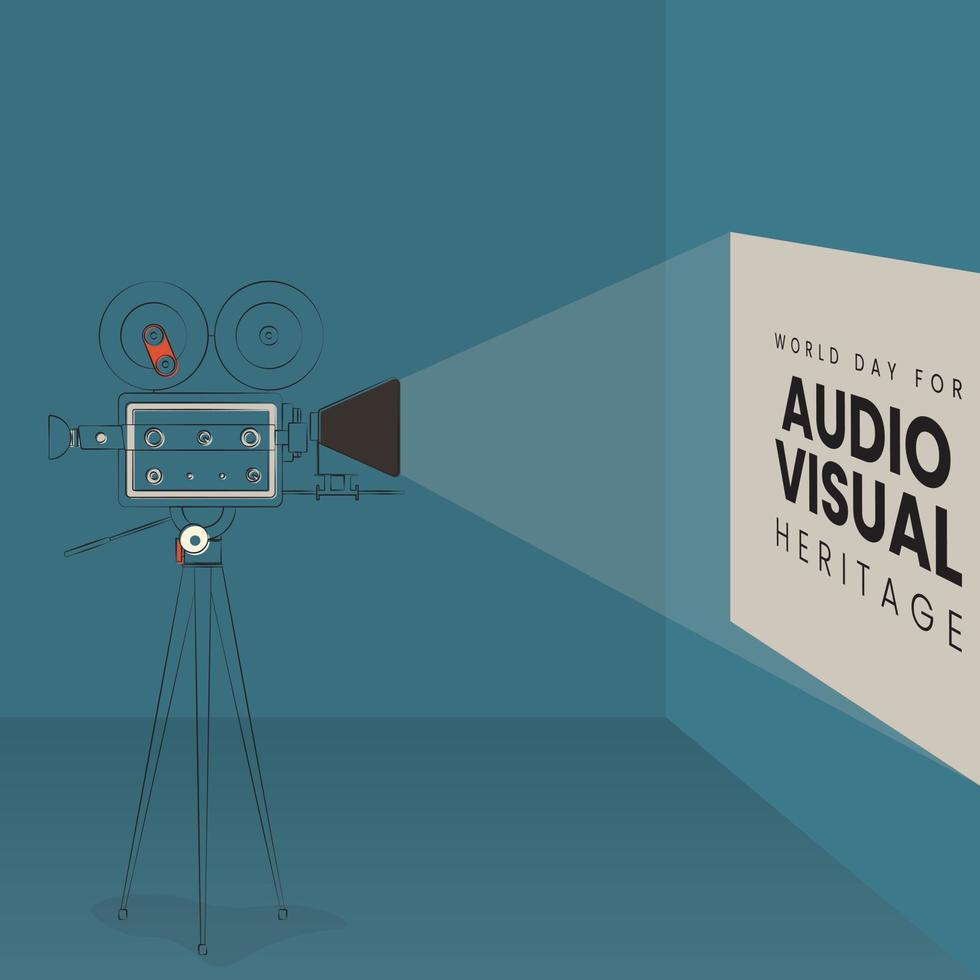 Line art of camera in vintage design with projecting text of world day for audio visual heritage vector