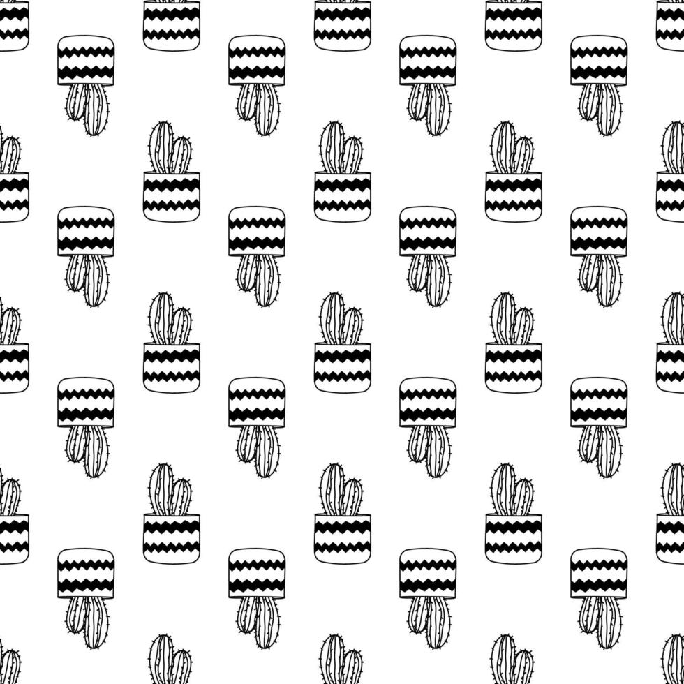 Seamless pattern of hand drawn doodle succulents in pots. Line art cacti. Hand drawn cute cactuses for cards,posters, fabric vector