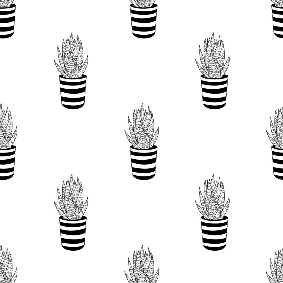 Seamless pattern of hand drawn doodle aloe vera in pot. Black and white Line art cacti. Hand drawn cute cactus for cards,posters, fabric vector