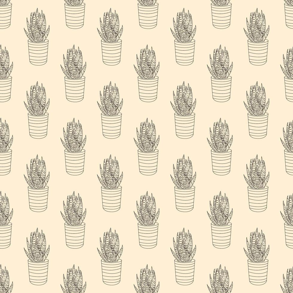 patrón sin costuras de aloe vera de garabato dibujado a mano en maceta. lindo cactus para tarjetas, carteles, tela en blanco y negro vector