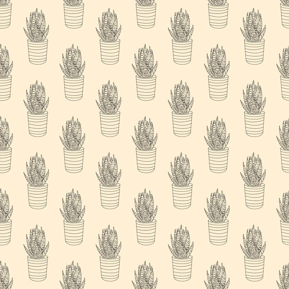 Seamless pattern of hand drawn doodle aloe vera in pot. Cute cactus for cards,posters, fabric Black and white vector