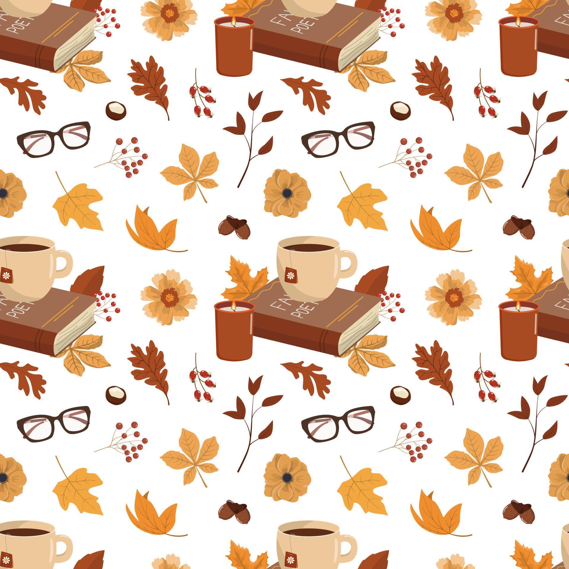 Cozy autumn seamless background. Hot drink, book, glasses, flowers,and