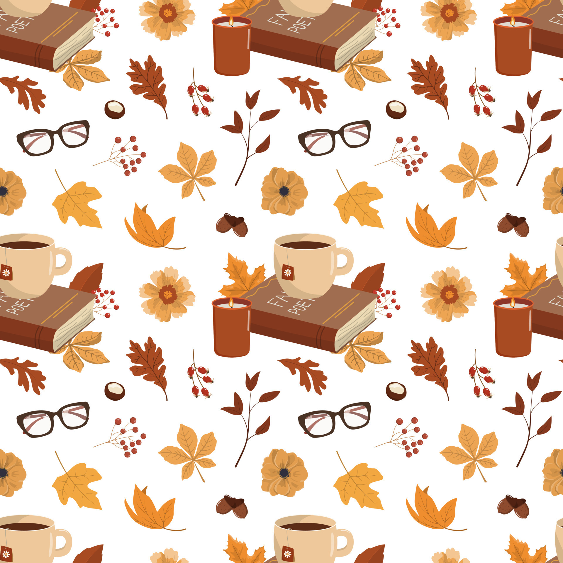 Cozy autumn seamless background. Hot drink, book, glasses, flowers