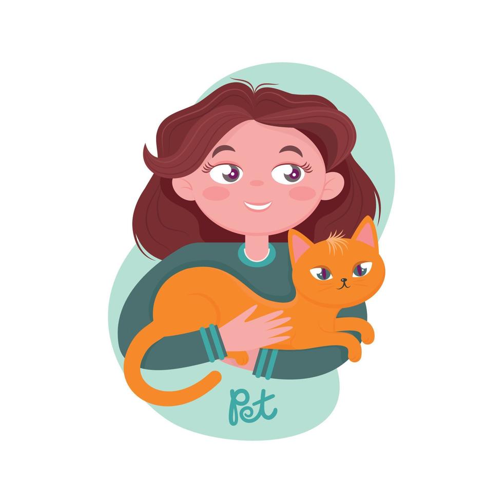 Girl hugging her cat. Cat is my pet. Lovely illustration in vector. vector