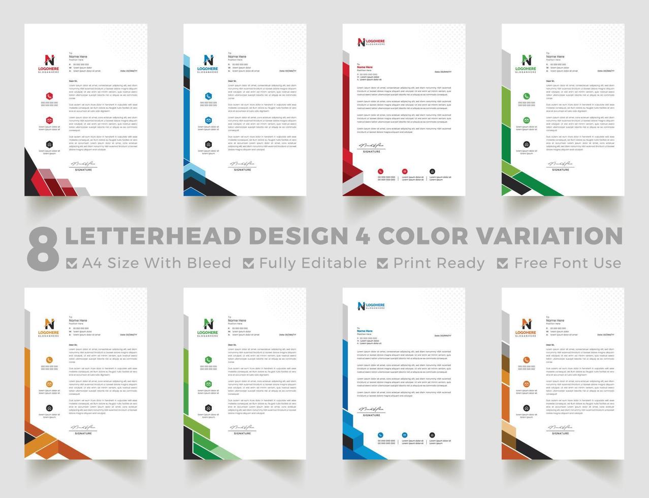 negocios corporativos multipropósito 8 plantillas con tamaño a4. artículo de papelería con membrete moderno. verde, azul, rojo y amarillo con cuatro variaciones de color. vector