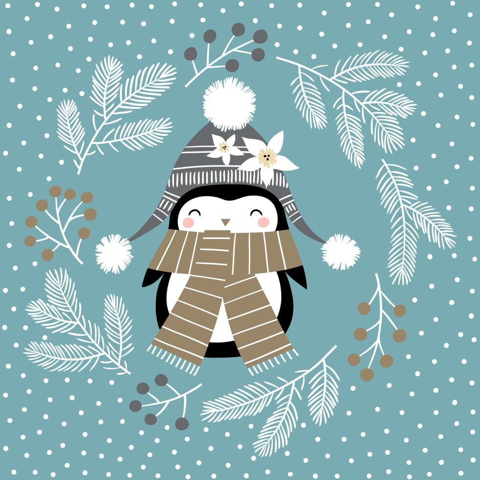 Cute penguin girl in wreath on light blue background. Perfect for tee shirt logo, greeting card, poster, invitation or print design. vector