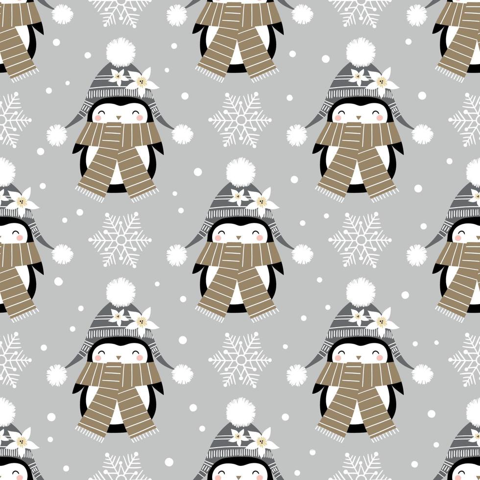 Seamless pattern with cute penguin girls and snowflakes on grey background. Perfect for textile, wallpaper or print design. vector