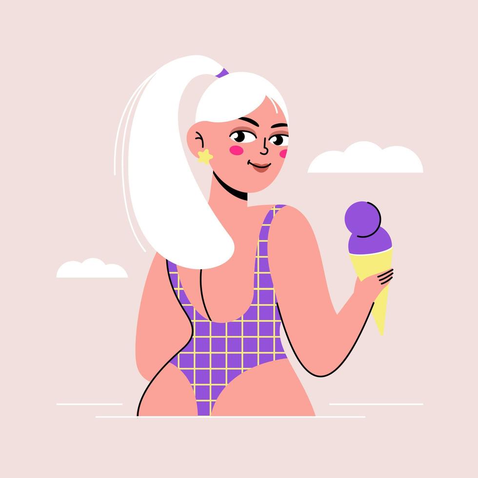 Sexy blonde with cherry ice cream, modern portrait in flat style, vector character illustration