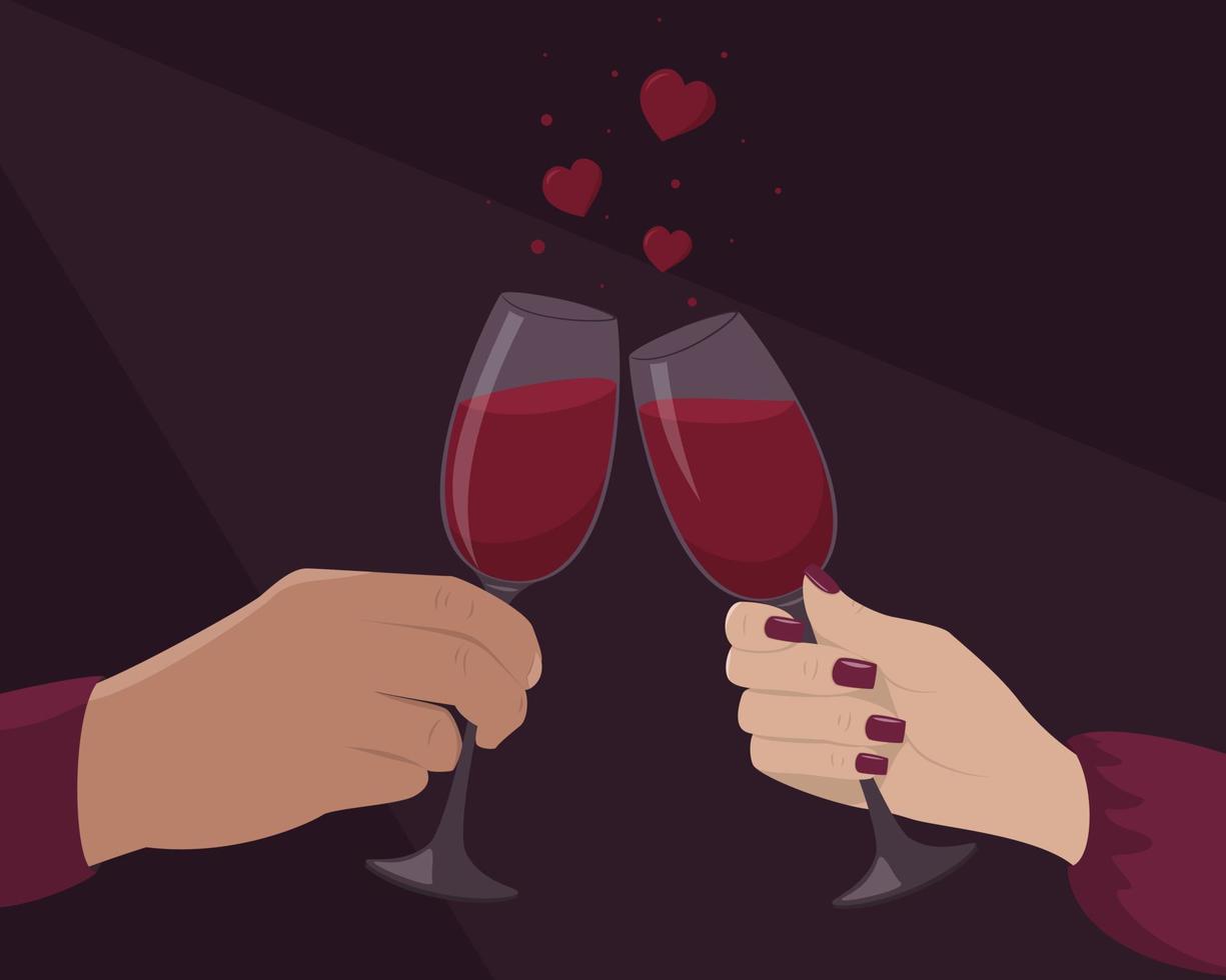 Happy Valentine's Day holiday card. Clink glasses with red wine, festive feast. Hand holds a glass of red wine. Two wine glasses with red wine. Elements for feast of February 14, heart,wineglass. vector