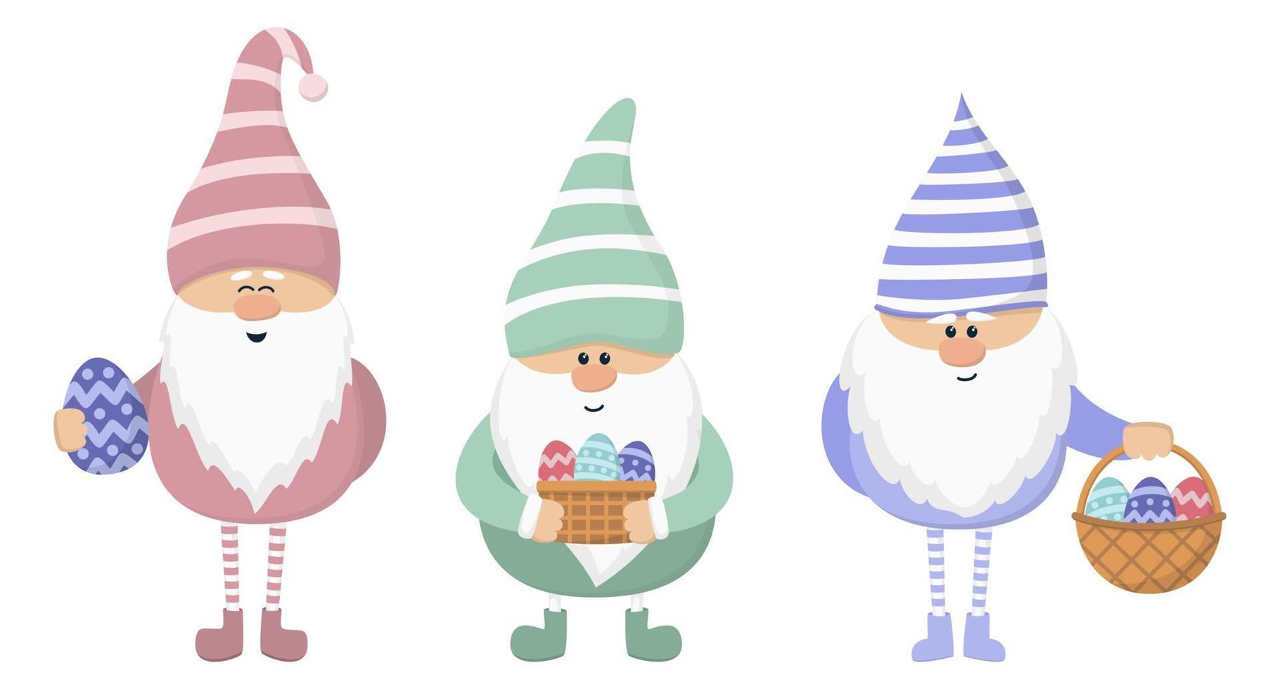 Background with cute easter gnomes with eggs. Easter and spring season. Cartoon style. Vector illustration.