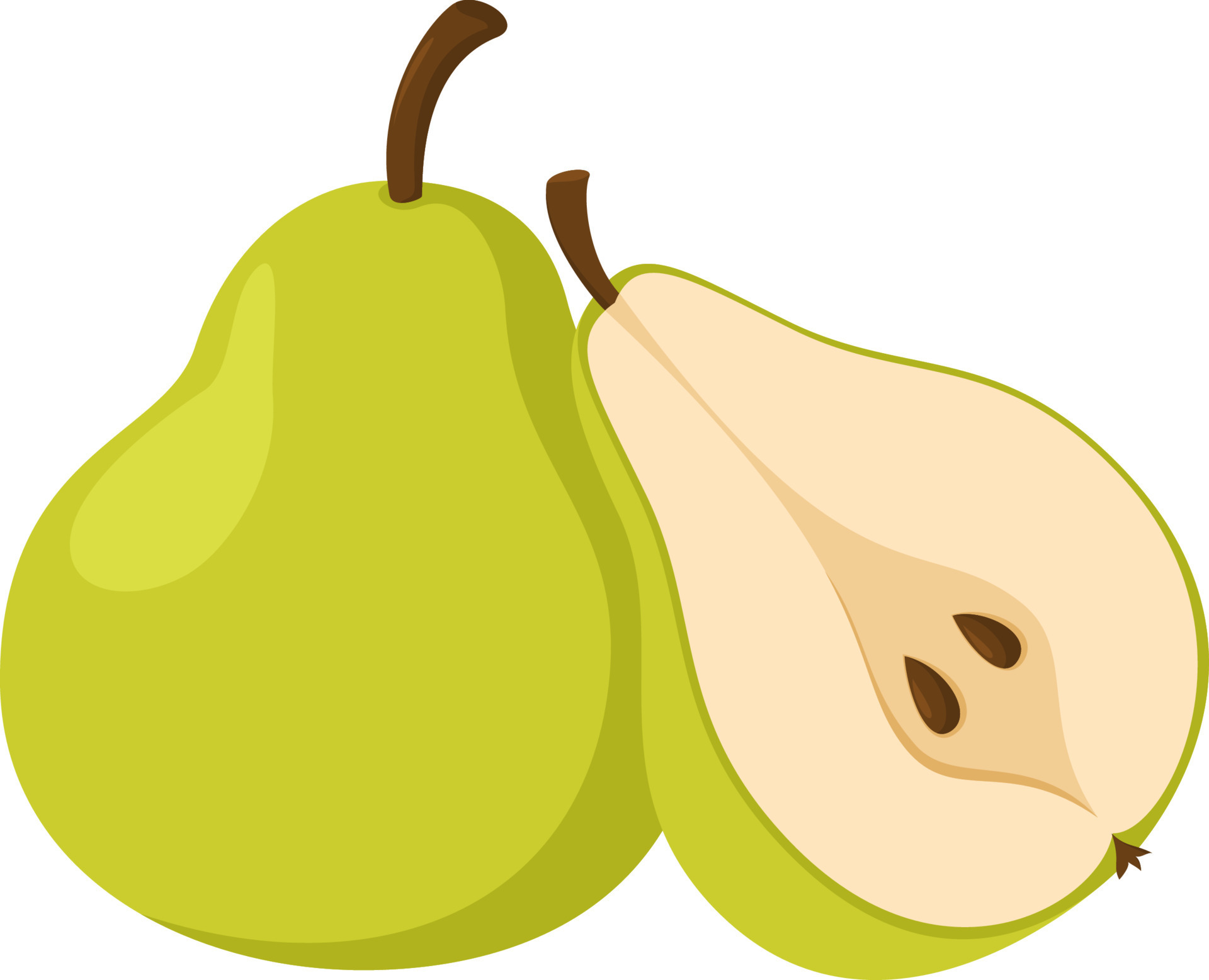 Fresh green pear. Whole pear fruits and halved pears. Cartoon style
