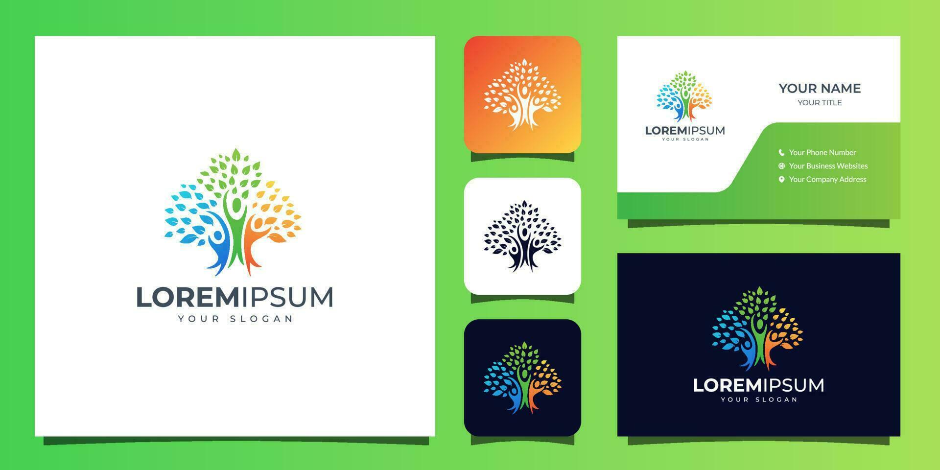 people and tree logo with business card template vector
