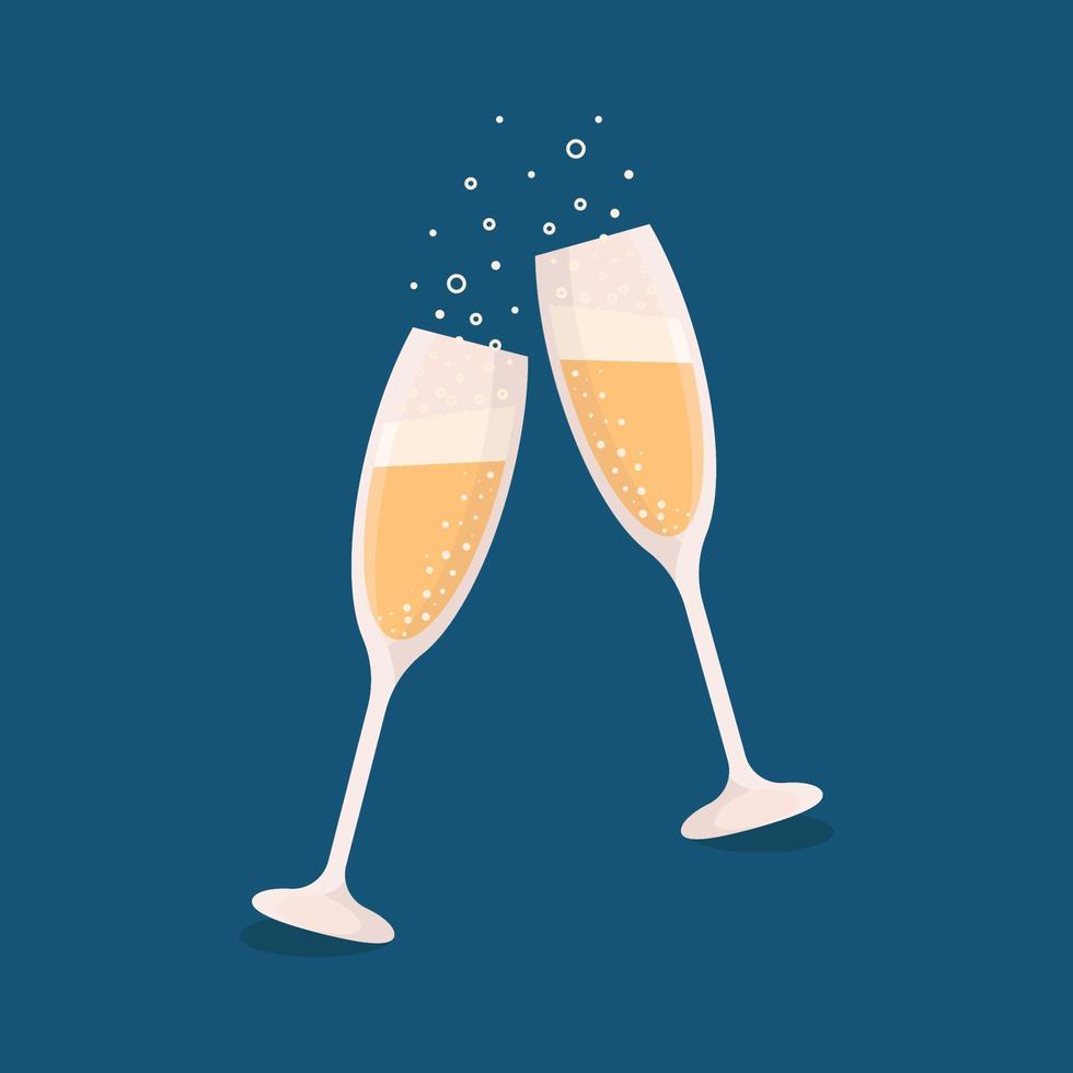 Two glasses of champagne on a blue background. vector illustration