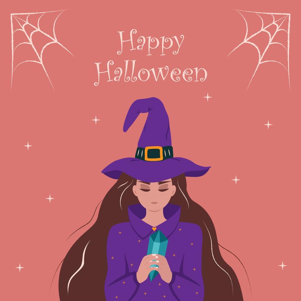 Happy Halloween postcard with a cute witch in a hat. vector illustration