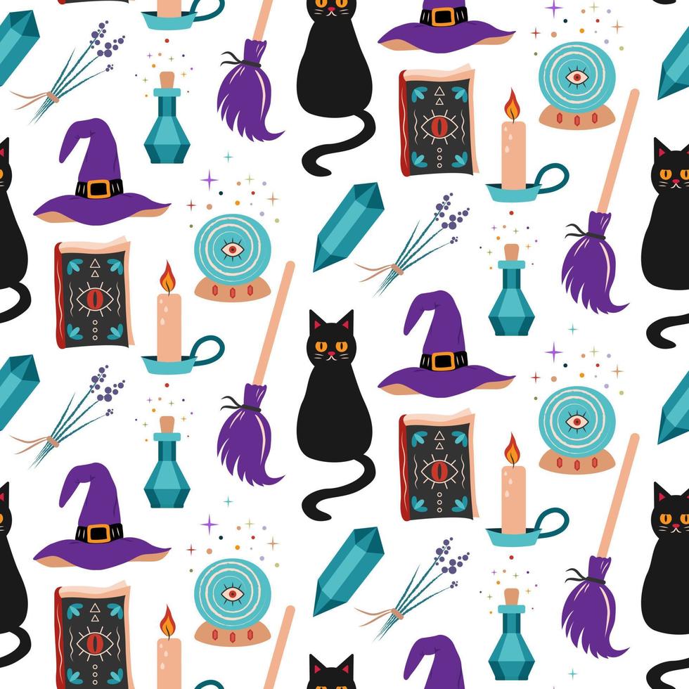 Seamless pattern with black cat, witch hat and broom. vector illustration