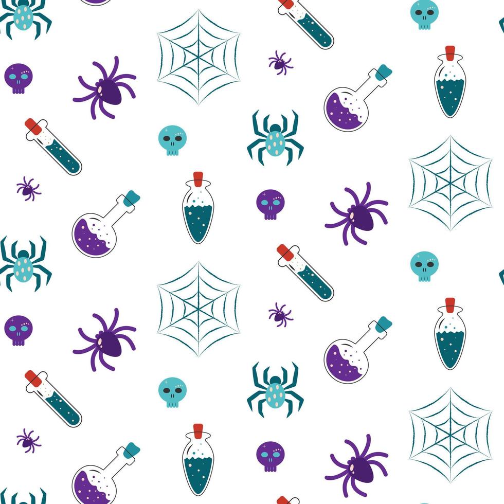 Seamless pattern with spiders, spider webs and potion flasks. vector illustration