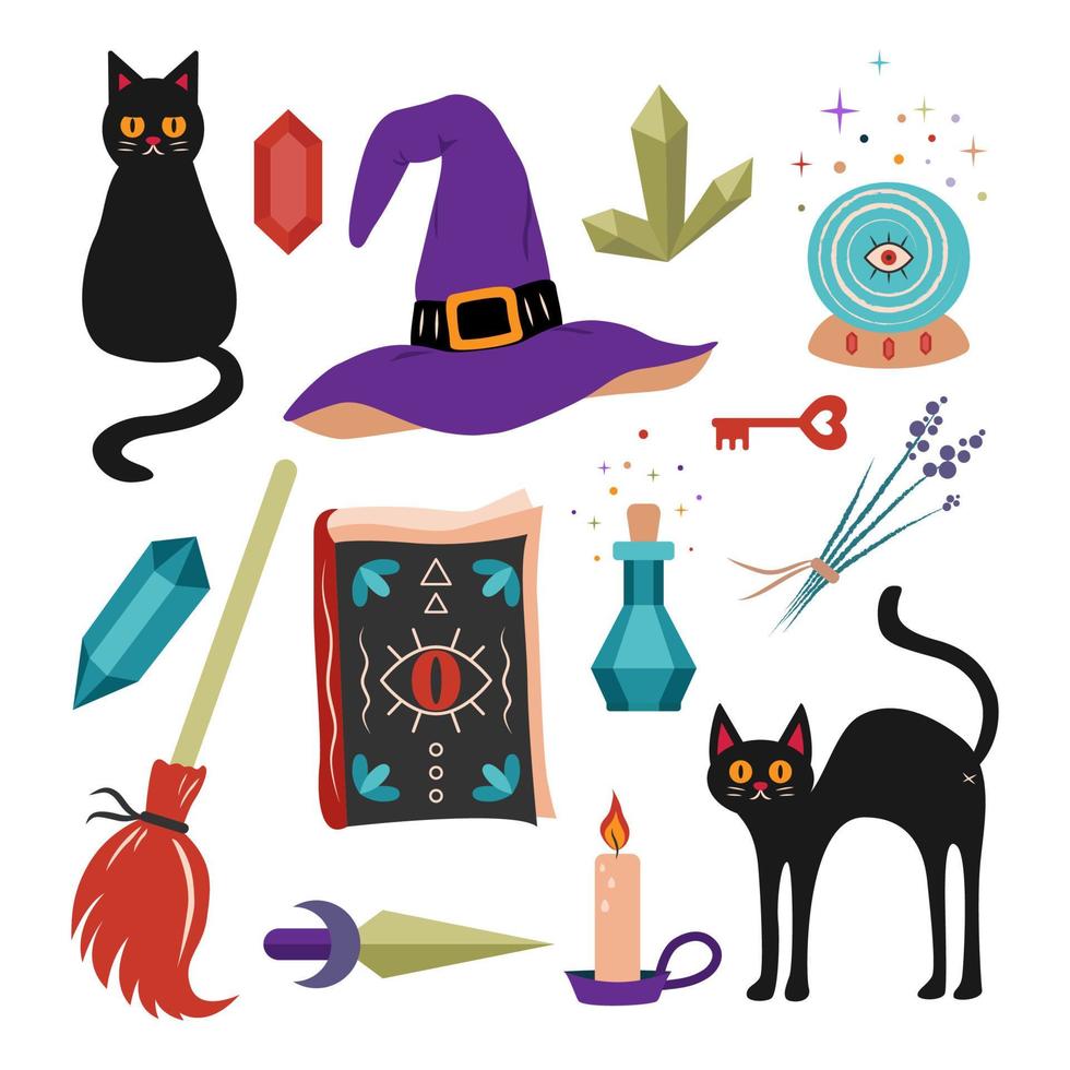 A set of illustrations on the theme of the witch and Halloween. vector illustration