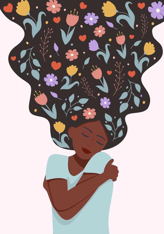 Self love concept vector illustration. Young pretty African woman hugging herself