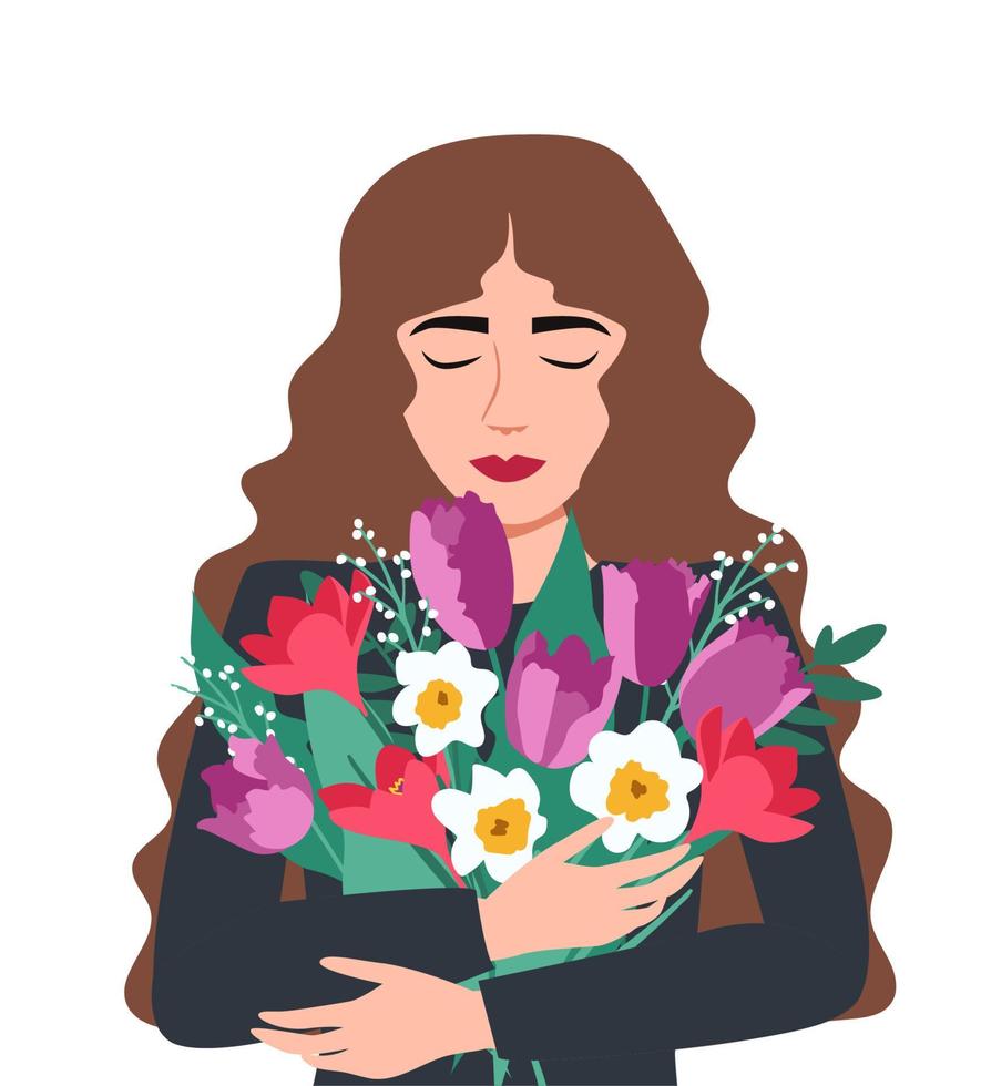 woman hugging flowers. Vector illustration
