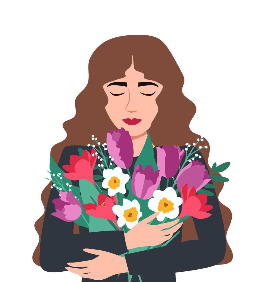 mujer abrazando flores. ilustración vectorial vector