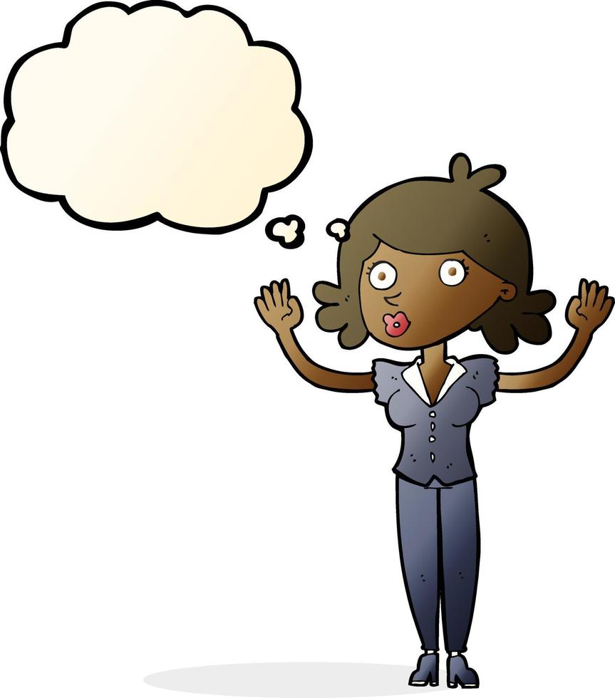 cartoon woman surrendering with thought bubble vector