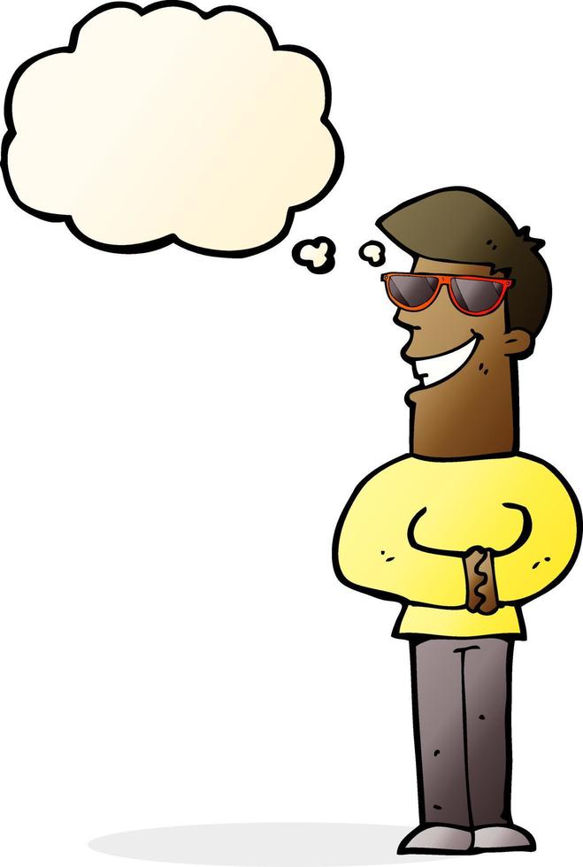 cartoon grinning man wearing sunglasses with thought bubble vector