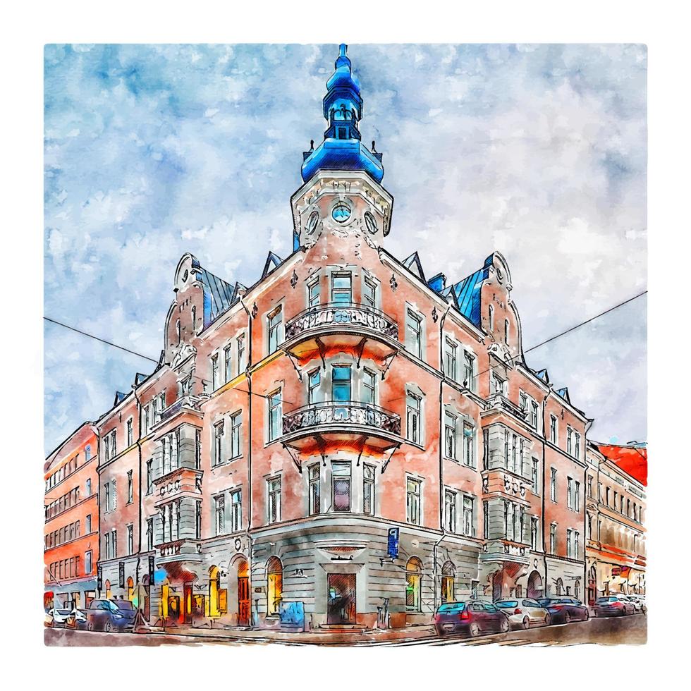 Annankatu Helsinki Watercolor sketch hand drawn illustration vector