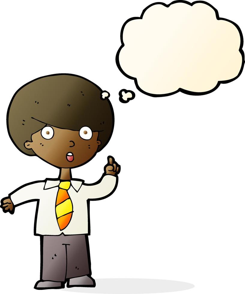cartoon school boy answering question with thought bubble vector