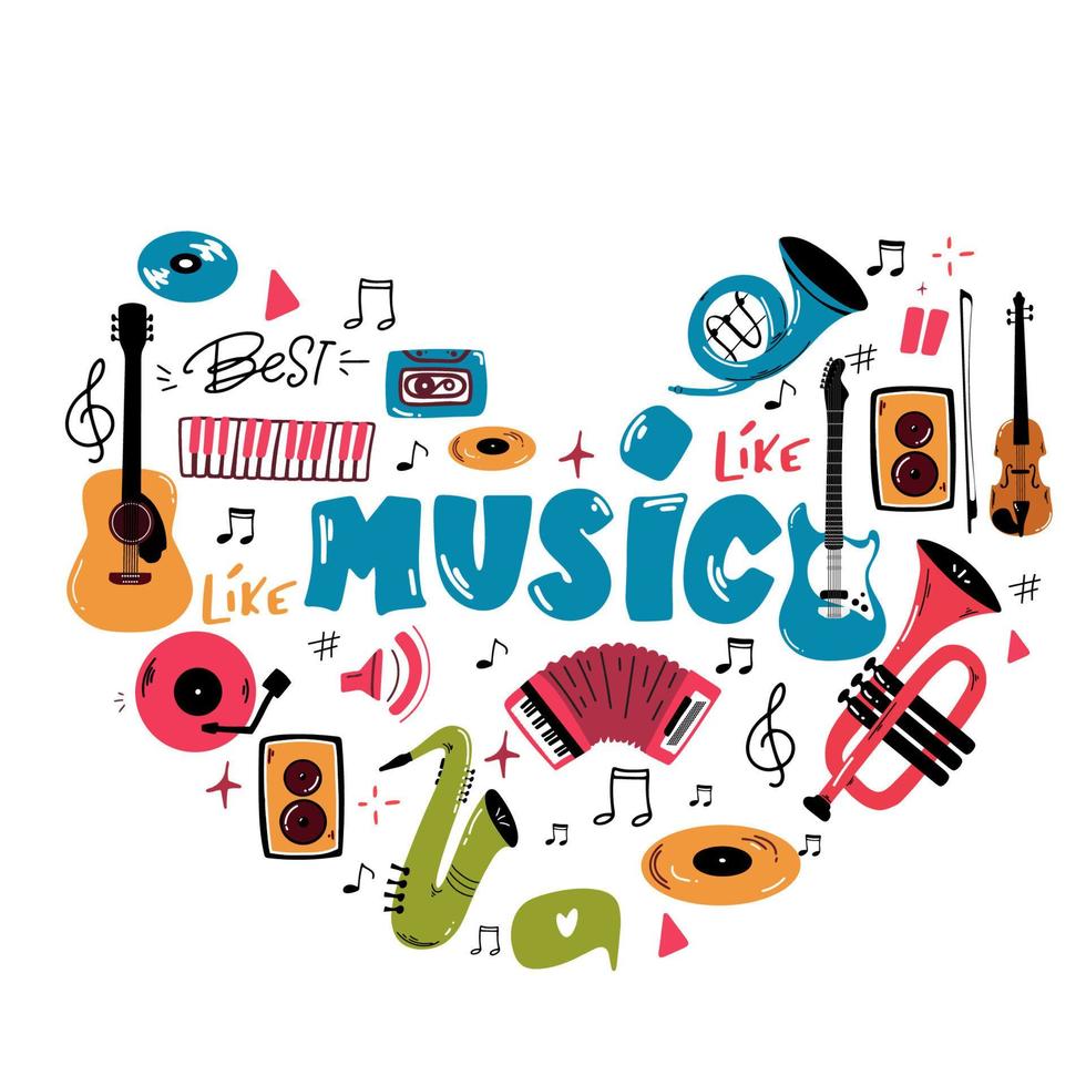 Love Music Heart. Musical instruments on heart shape vector