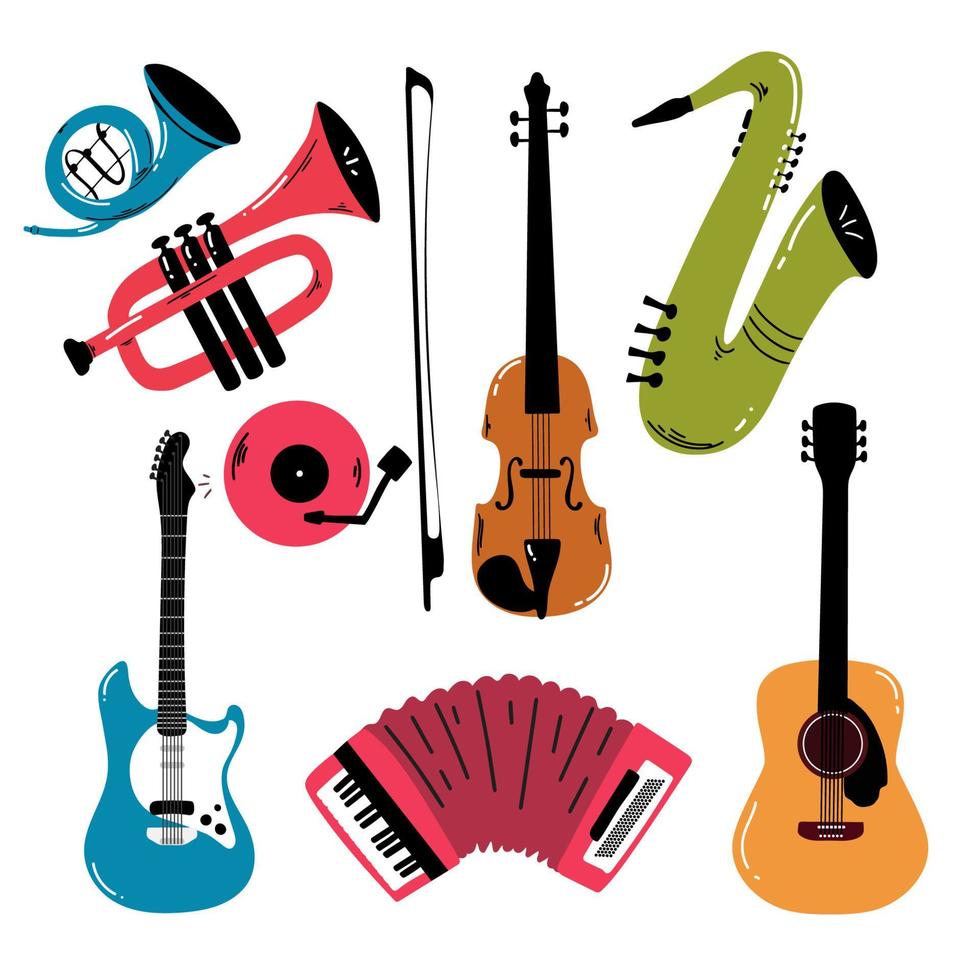 gran colección de instrumentos musicales de dibujos animados. ilustración vectorial vector