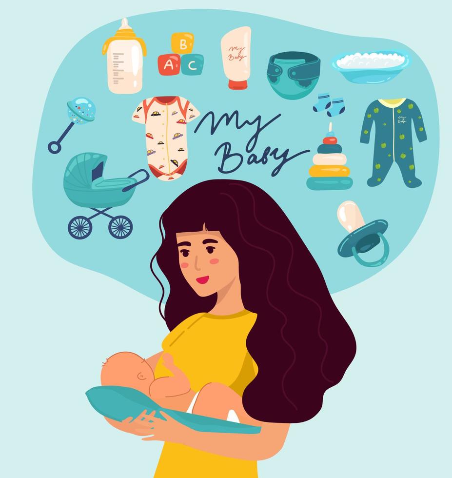 mother with a baby boy . Concept vector illustration in cartoon style. thinking about motherhood