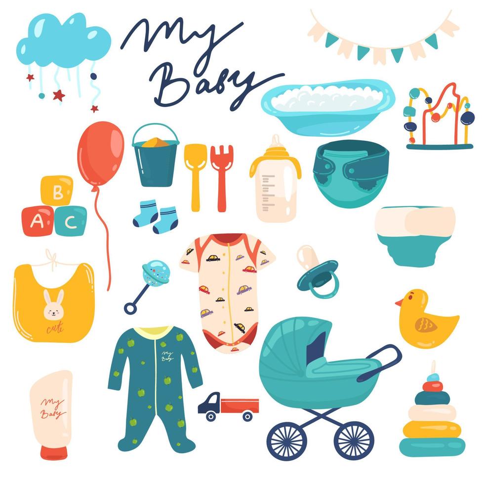 Hand-drawn Baby Goods and Toys Set. Vector Design baby new born