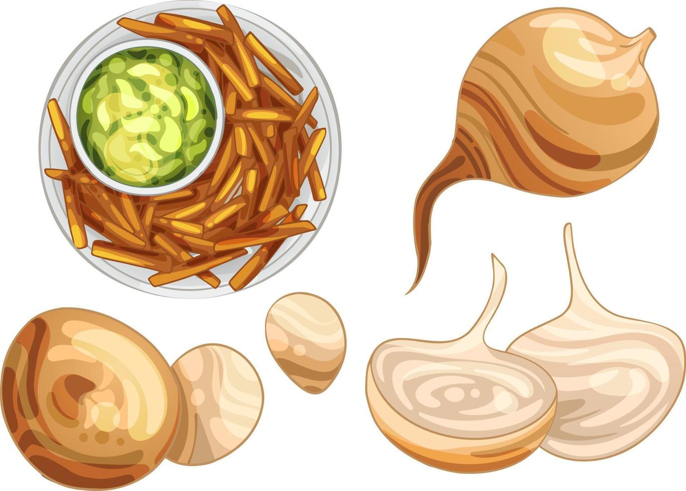 jicama fruit, Fried pieces of jicama with spices and guacamole sauce vector