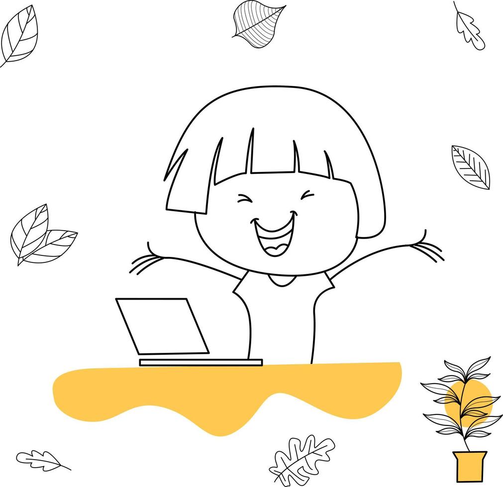 cute illustration of a girl studying in front of a laptop and having fun vector