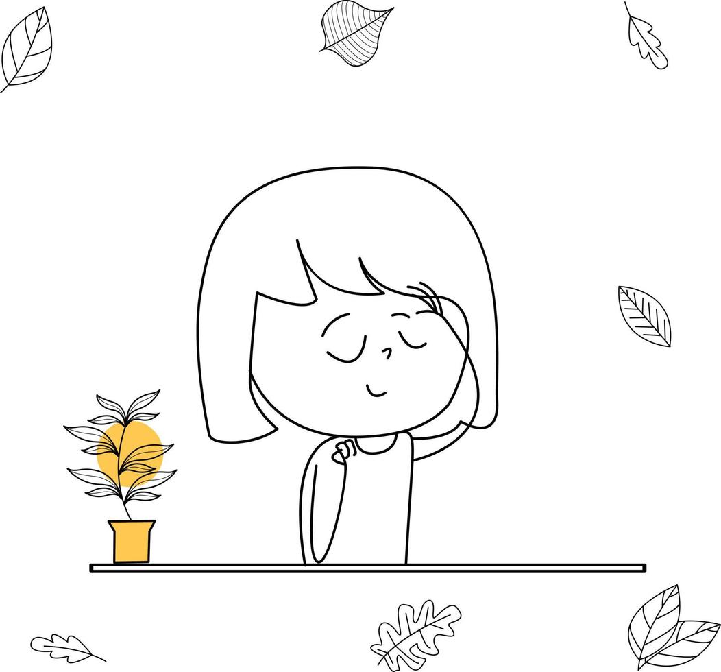 cute illustration of happy happy girl behind media with potted plant vector