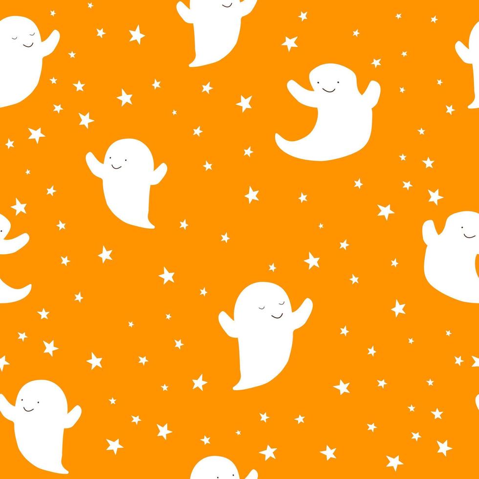 Cute Halloween white ghosts on colorful background decorated with stars, kids holiday seamless pattern. Vector illustration