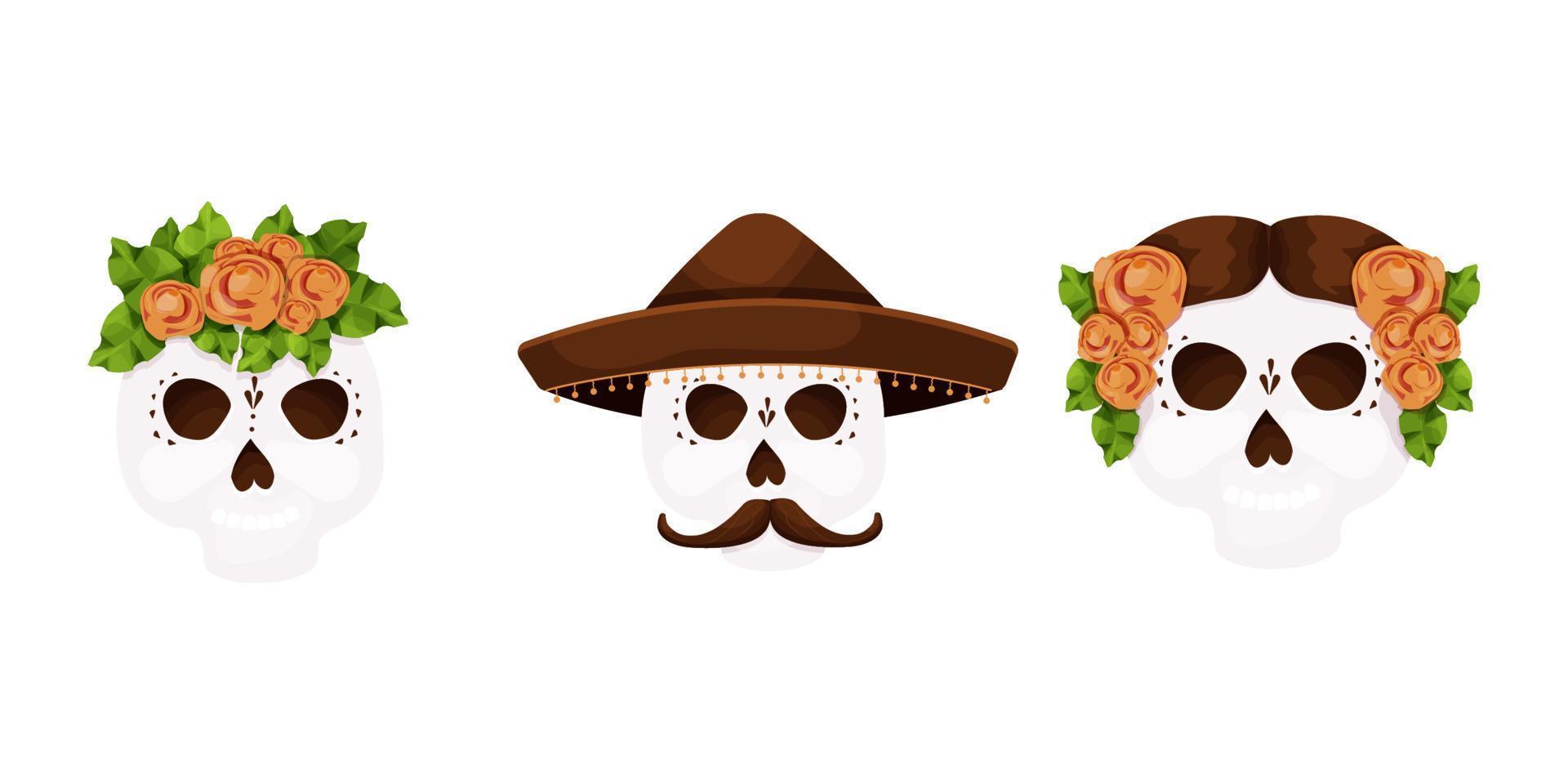 Set Dead day, skulls decorated with traditional flowers, hat, mask Halloween celebration in cartoon style vector