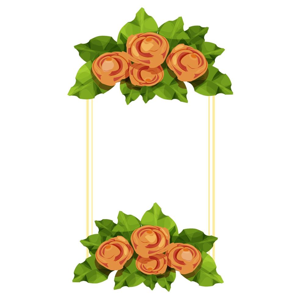 Golden frame decorated with roses flowers and leaves in cartoon style isolated on white background. Template for greeting, invitation. Vector illustration
