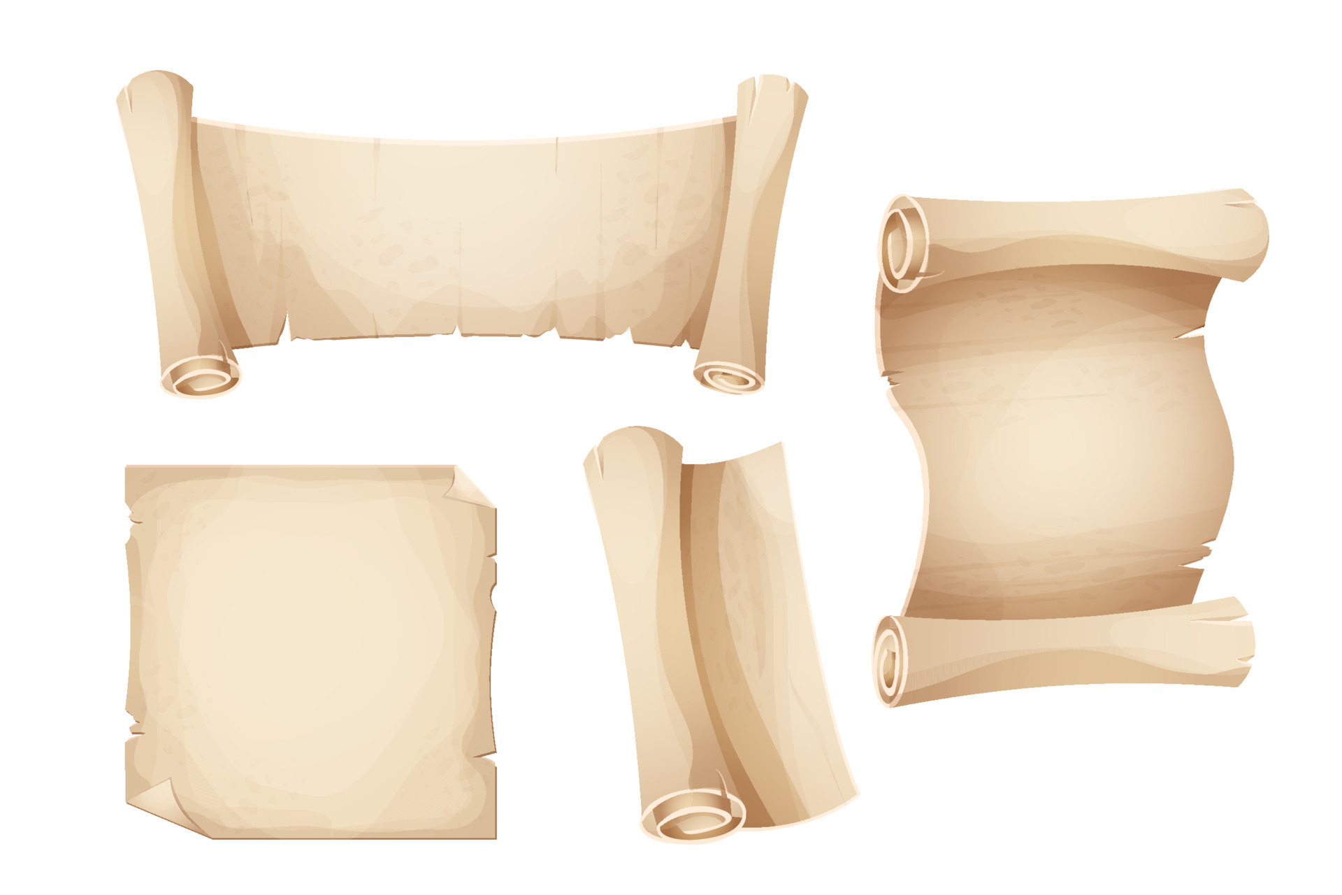 Set ancient old parchment paper, scroll, page empty medieval letter in