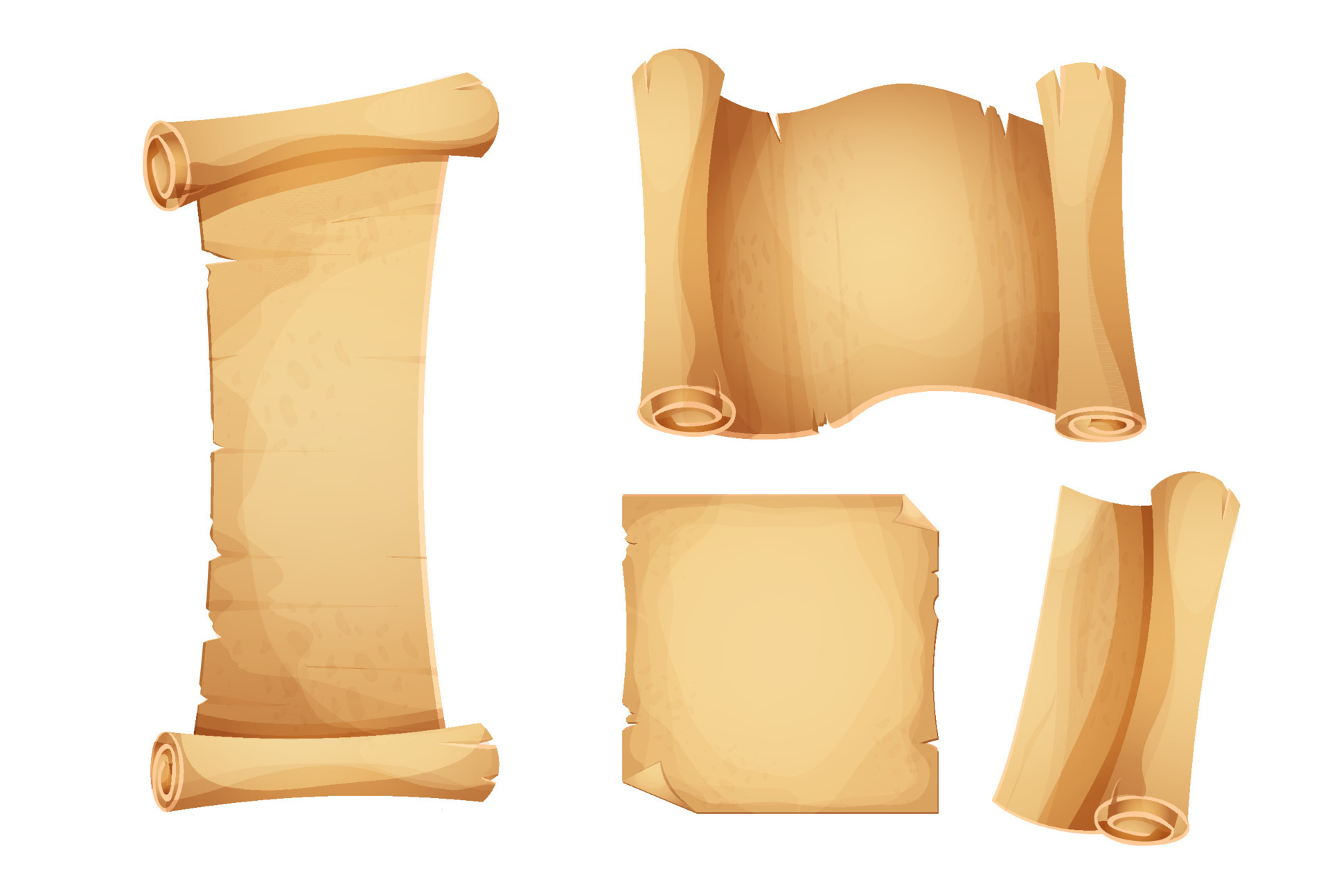 Set ancient old parchment paper, scroll, page empty medieval letter in