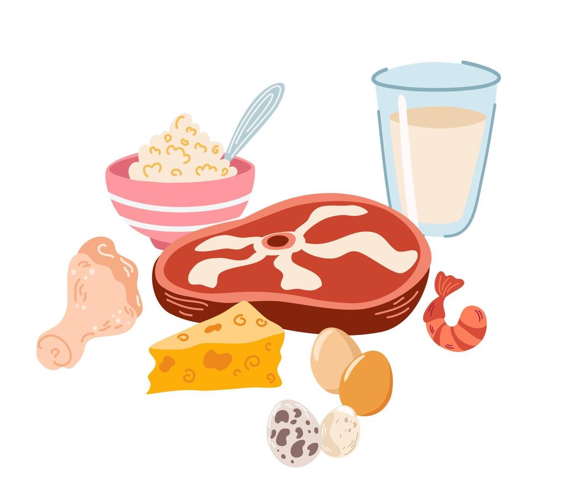 Protein food products. Meat, dairy eating, seafood, cheese, milk and eggs nutritions. Healthy raw nutrients. Nutritious energy diet composition. Flat cartoon vector illustration isolated on white