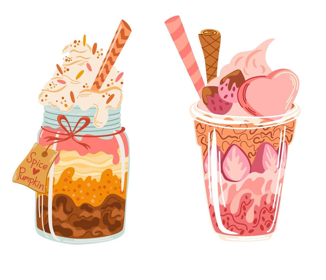 postre dulce con fresas y café con crema. vaso de batido de yogur de fresa o batido. perfecto para la impresión de cafeterías de restaurantes y menús web. ilustración vectorial plana aislada en blanco vector