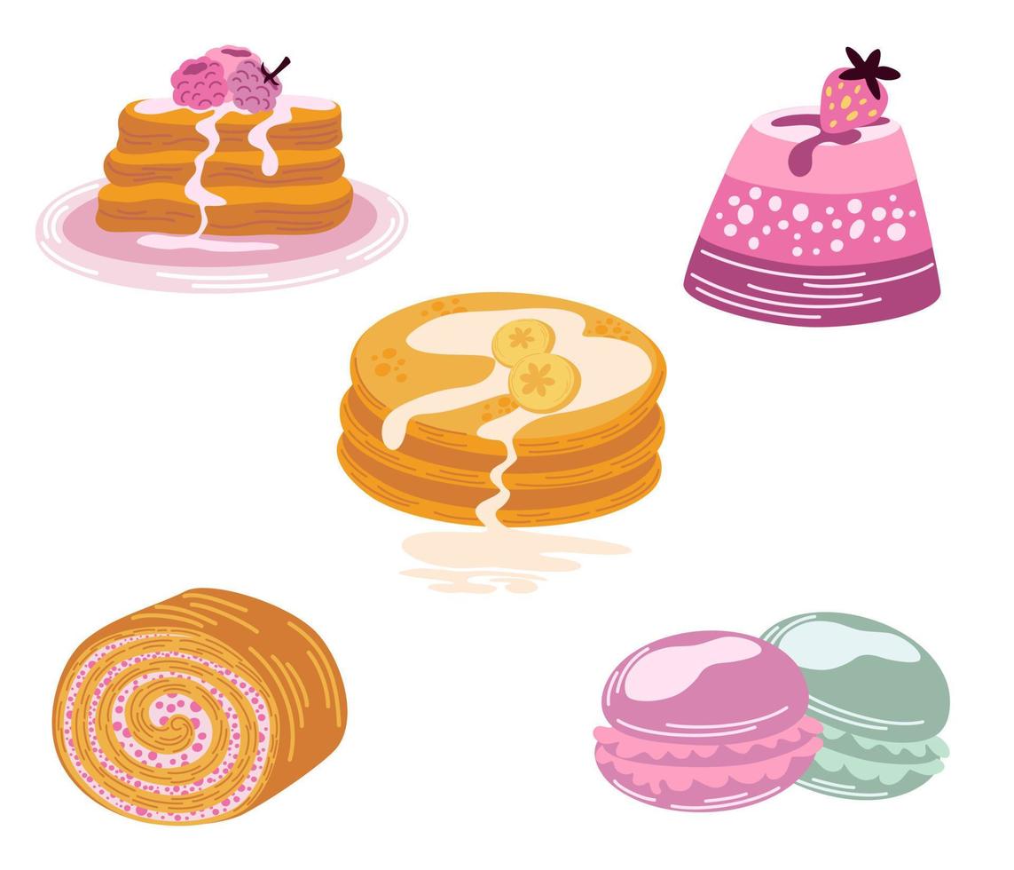 juego de postres. comida dulce, panqueques, pastel de macarrones con fresas, pasteles con plátano y bayas. alimentación saludable. desayuno. perfecto para impresión, afiche, menú y restaurante. ilustración plana vectorial vector